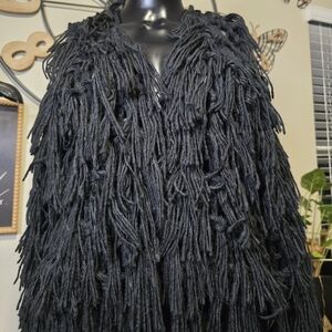 Black Fringe Yarn Sweater Jacket | Size Medium | Statement Knit